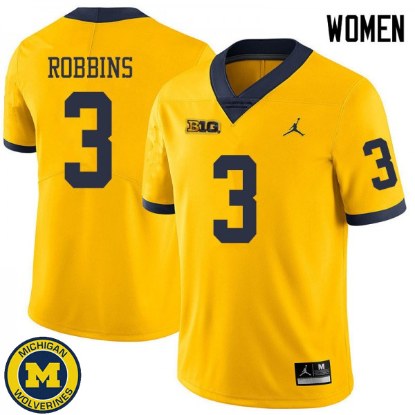 Women's University of Michigan #3 Brad Robbins Yellow Jordan Brand NCAA Player Game Jersey